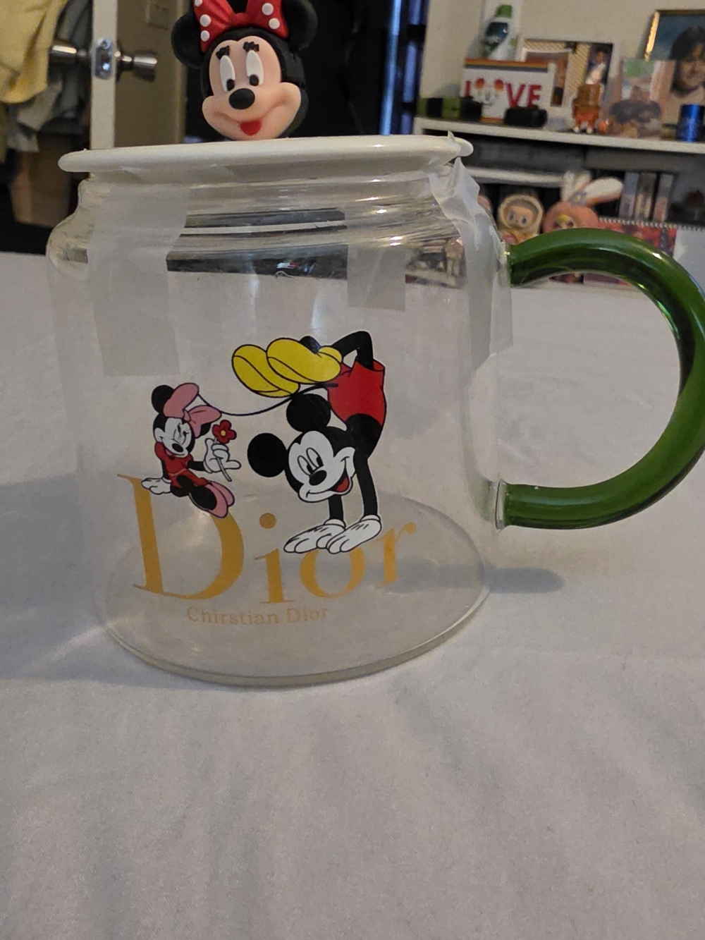 Dior x Disney Clear Glass Mug with Green Handle (Yellow Logo)